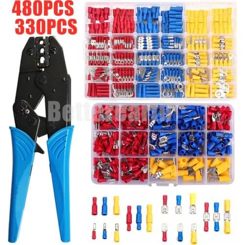 330/480PCS Insulated Spade Butt Ring Fork Ring Lugs Rolled Cable Terminals Electrical Wire Crimp Connector + Crimping Plier