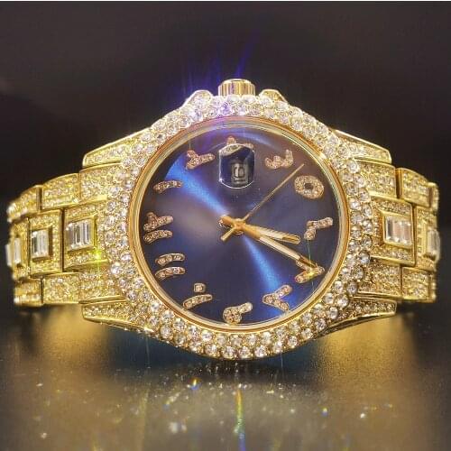 MISSFOX Arabic Digital Gold Man Watches Blue Dial Luxurious Full Diamond Quartz Watch Men Stainless Steel Hiphop Reloj de hombre