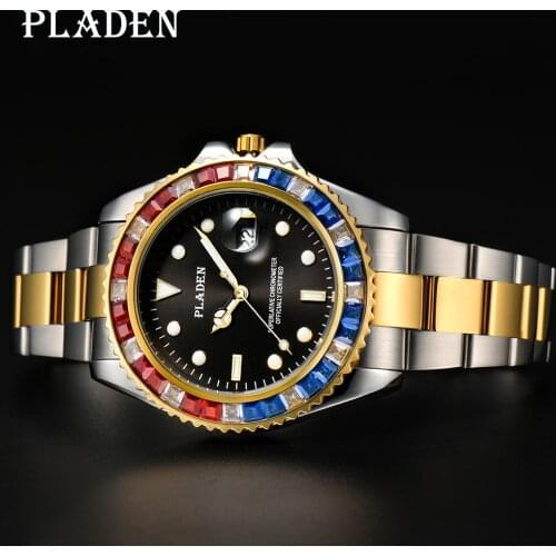 PLADEN Watches Men Red and Blue Diamond Business Japan Movement Swimming Diving Replica Wristwatch Husband Gift Relogio Militar