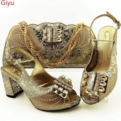 Doershow hot selling Italian matching gold shoe and bag set african wedding shoe and bag sets!SGO1-34
