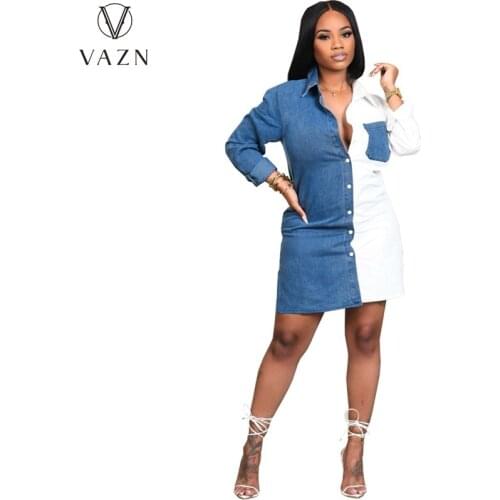 VAZN 2021 Full Sleeve Patchwork Elegant Short Shirt Dresses Sexy Club Birthday Dress Women Elegant Fashion Maxi Dress