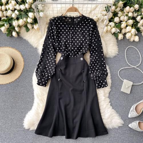 Europe Style 2021 New Summer Elegant Women Lace Collar Double-breasted Polka Dot Patchwork Black Dress Female Party Dresses
