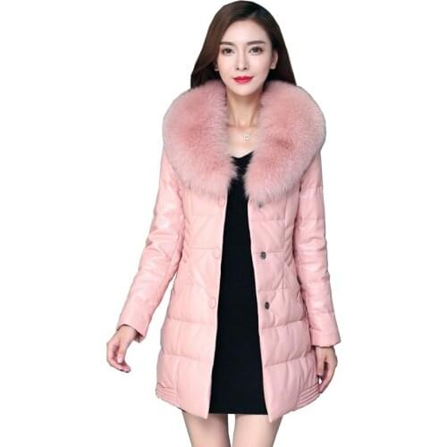 European Winter Women Real Leather Parkas Down Coats Fox Fur Collar Lady Warm Outerwear Overcoat LF4204