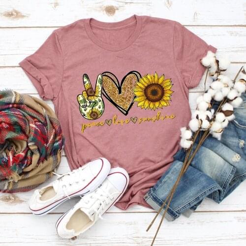 Umeko 2020 Summer Womens Fashion Short Sleeve O-Neck T-shirt Peace Love Sunshine Sunflower Printed Top Casual Tshirt Plus Size
