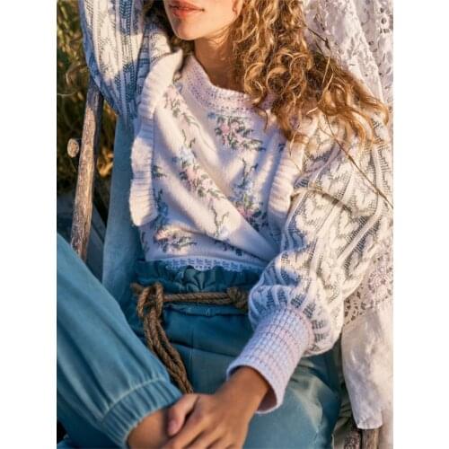 Jastie Dreamy Mixed Floral Pullover Sweater Pullover O Neck Lantern Sleeve Autumn Winter Sweater Knitted Jumper Tops