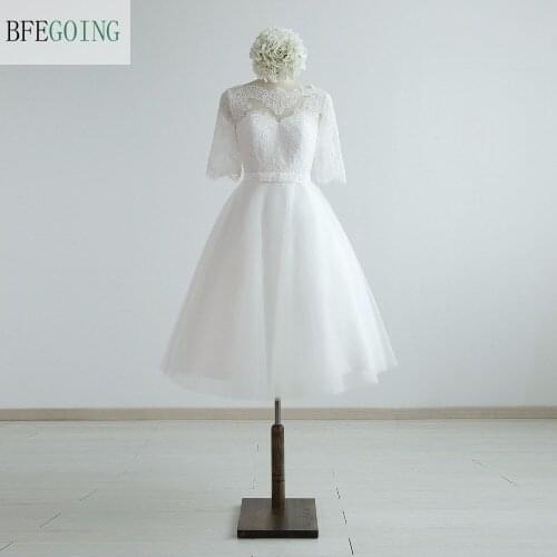 Ivory Lace Tulle A-line Wedding Dress Knee-Length Half Sleeves Real/Original Photos Custom made