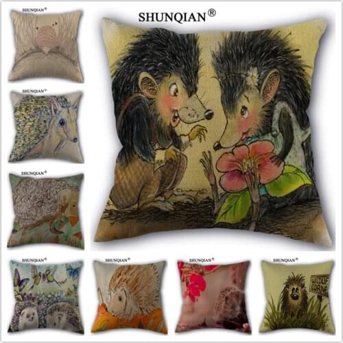 Linen Cotton Artistic hedgehog Pillow Cover Custom Print Home Decorative Pillows Cases 45x45cm one side WZ5162
