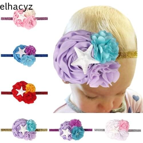 Starfish Mermaid Headband For Girls Shabby Chiffon Flower Gold Glitter Elastic Hairband Kids Satin Rose Flowers Hair Accessories