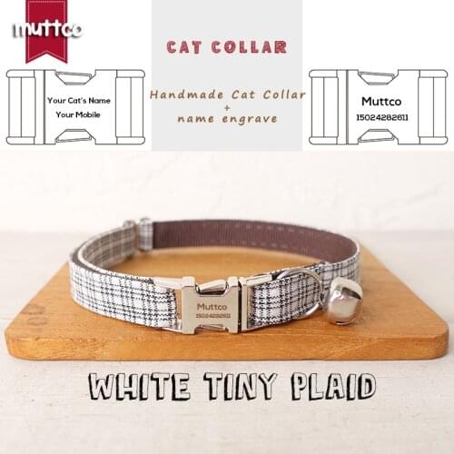 MUTTCO Retailing engraved delicate self-design personalized cat collars WHITE TINY PLAID handmade collar 2 sizes UCC102