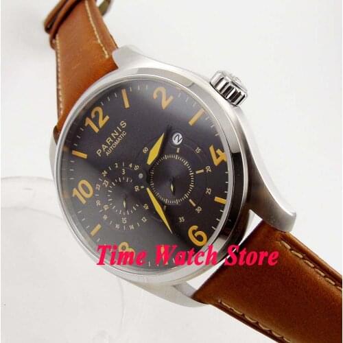 44mm Parnis Miyota Automatic mens watch sapphire glass black dial orange marks 24 hours waterproof leather strap 897