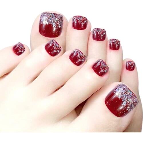 Nusx New 24pcs Fake Toe Nail Silver Red High Quality Rhinestone Foot False Nail Artificial Nails With Glue Summer Beauty Toenail