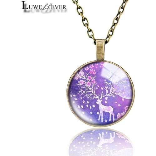 Elk Necklace 704 25mm Bronze 30mm Wood Rhinestone Double-sided Moon Round Glass Pendant For Women Gift