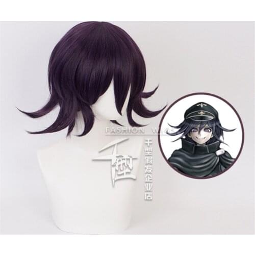 Cos Gift Danganronpa: Trigger Happy Havoc Oma Kokichie Black Purple Color Cosplay Wig Role Play Ponytails 35cm