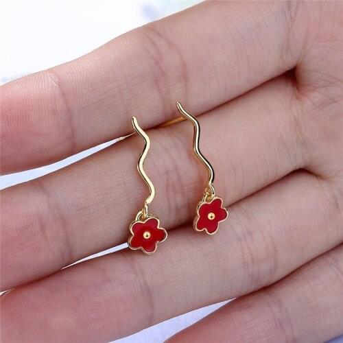 Popular Glaze Red Flower Drop Earrings For Women Jewelry Fashion Silver 925 Girl Engagement Accessories Lady Flower Silver Bijou
