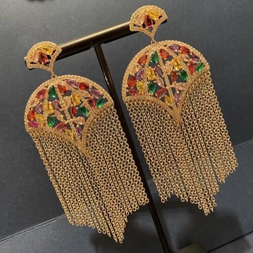 Luxurious Umbrella Vintage Colorful Cubic Zircon Chain Tassel Dangle Earrings Long Women Jewelry Dropshipping Friends Gift