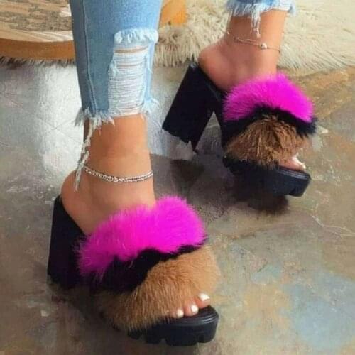 High Heel Sandals Female Fashion Sexy Party Fur Slippers Mixed Color Open Toe Thick Bottom Ladies Platform Shoes Woman Sandals