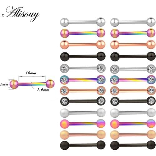Alisouy 2PCS Steel Glitter Tongue Piercing Ring 14G Crystal Matte Nipple Piercing Bar Sexy Ring Barbell Nipple Ring 1.6*16*5mm