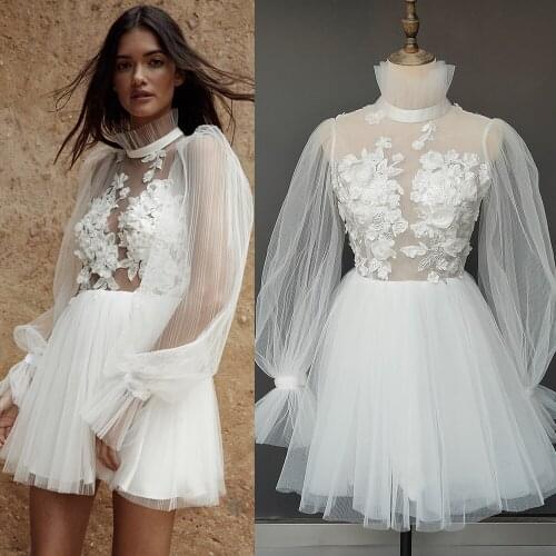 Mini Length Pleated Tulle Wedding Dress 3D Flowers Long Puff Sleeve Transparent 2021 Open Back Above Knee Bridal Bridesmaid Gown