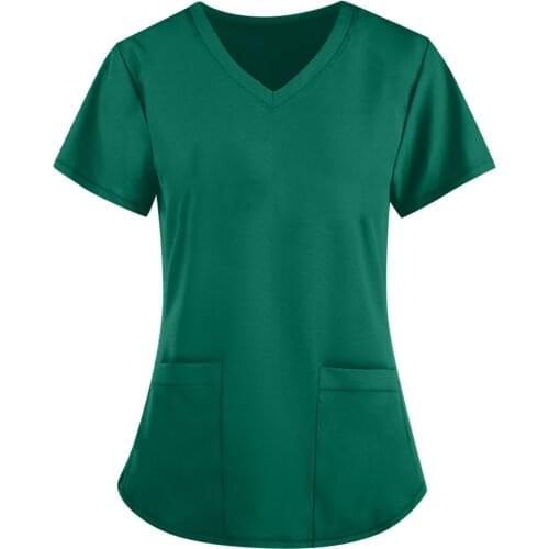 Fashion 2021 Summer Style Woman Tshirts Nurses Style Clothing Solid Color Tops Tees V-neck Pocket Short-sleeved T-shirt Women