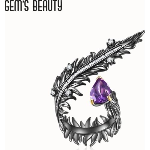 Gems Beauty 925 Sterling Silver Resizable Rings For Women Men Fashion Jewelry Feather Amethyst Open Finger Adjustable Rings