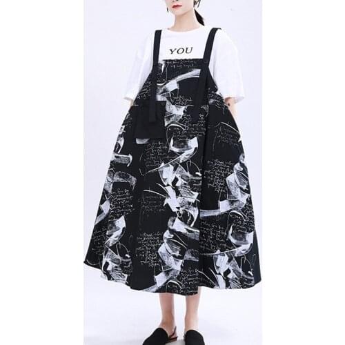 Johnature New Streetwear Fashion Irregular Print Plus Size Loose Strap Dresses 2021 Summer Sleeveless Pockets A-Line Women Dress