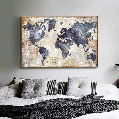 AAHH Blue Red Gold Abstract World Map Canvas Painting Wall Art Picture for Living Room Art Poster Decoration Picture
