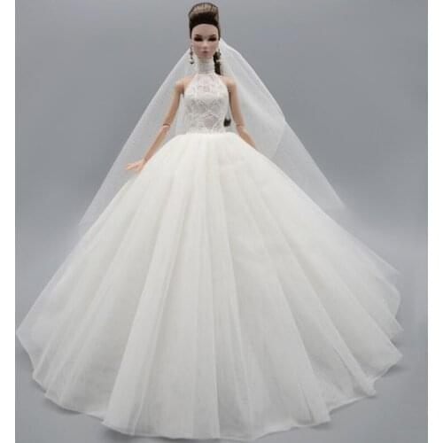 White High Neck Fashion Wedding Dress For Barbie Doll Outfits Princess Evening Party Gown Long Dresses Doll Clothes & Veil