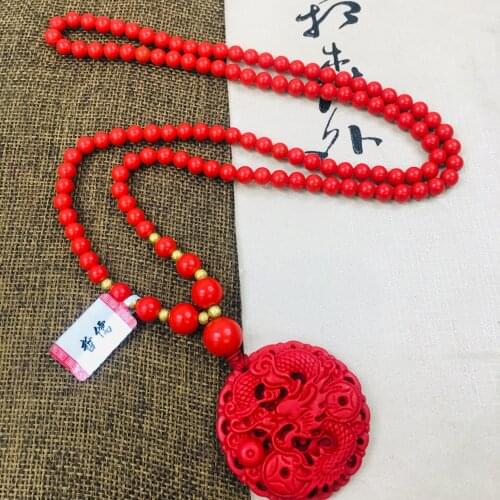 Zheru natural carved ore cinnabar flying dragon play bead pendant with multi-color bead necklace men and women sweater chain