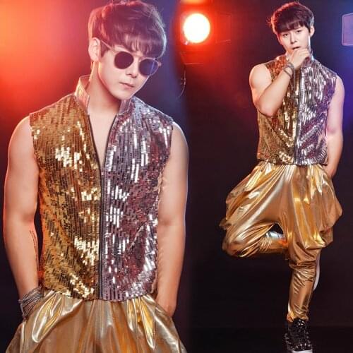 Jazz Dance Costumes Sequin Zipper Jacket Coat Pants Gold Outfit Dancing Costumes Singer Dj Ds Bar Night Party Clothes Suit DT782