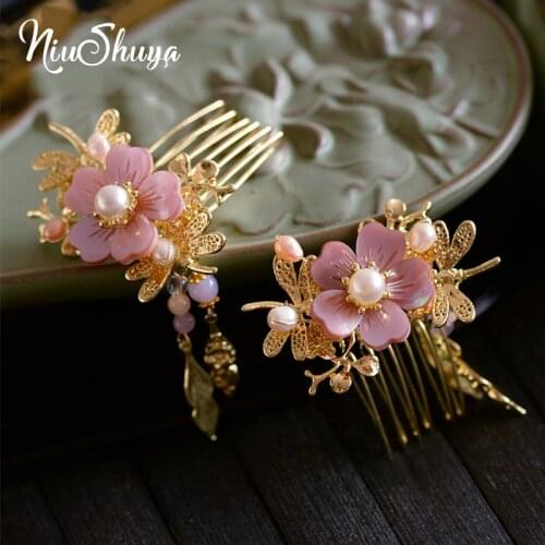 NiuShuya Chinese Classical Bride Wedding Hanfu Hair Comb Handmade Classical Court Xiuhe Pink Flower Hair Accessories Jewelry