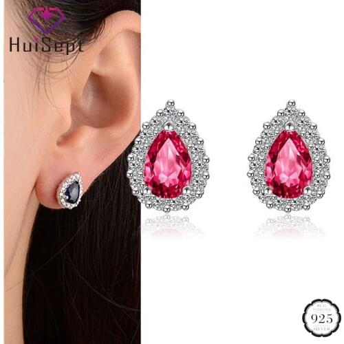 HuiSept Trendy Silver 925 Jewelry Women Earrings Water Drop Shaped Ruby Sapphire Zircon Gemstones Stud Earring Wedding Wholesale