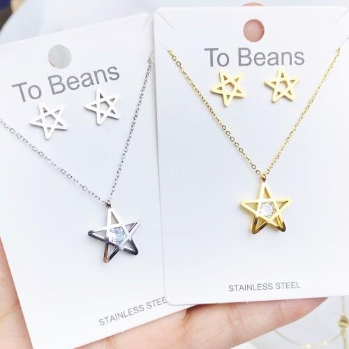 Stainless Steel Jewelry Set new woman fashion jewelry high quality crystal zircon five-pointed star pendant necklace Earrings