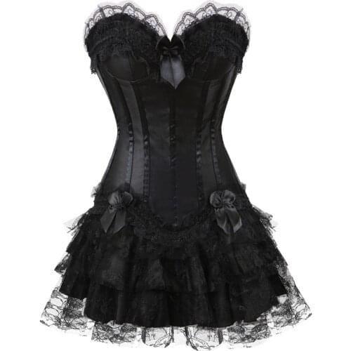 Corset Bustier Shaper with Tutu Skirt Steampunk Overbust Lace Boned Corsetto Dress Carnival Costume for Women Party Club Night