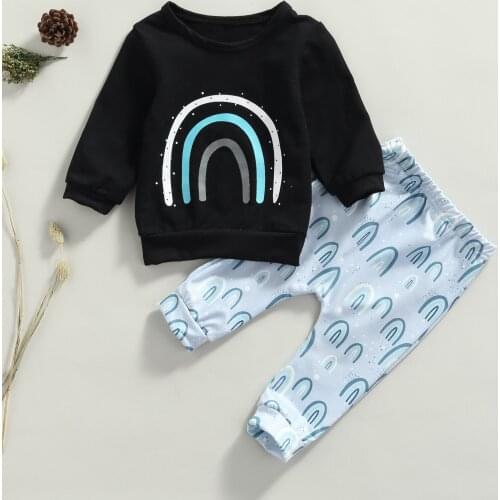 Autumn Toddler Baby Girls Boys 2pcs Suit Rainbow Print Long Sleeve Pullover+Long Pants Children Outwear Clothes 6 Months-4 Years