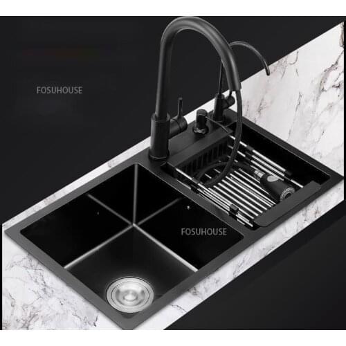 Kitchen Sink Nano Household Vegetable Washing Basin Nano Sink Double Kitchen 304 Stainless Steel Black Sinks Kitchen Fixtures