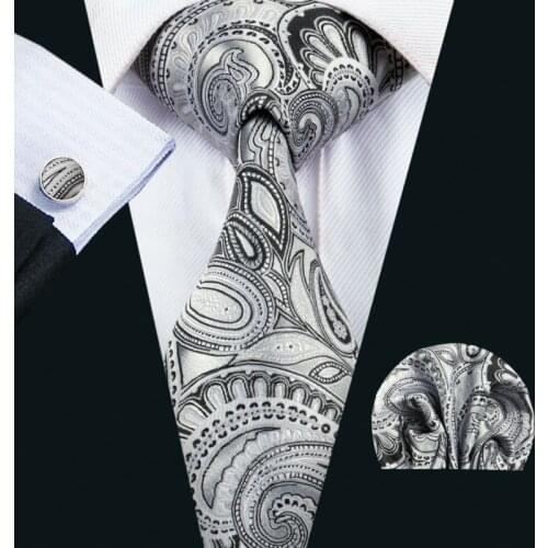 LS-1576 Barry.Wang Classic Men`s Tie 100% Silk Gray Novelty Necktie Hanky Cufflink Set For Men`s Wedding Party Business