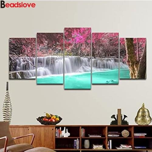 Diy full square round drill 5 panel diamond painting natural scenery red forest tree & waterfall 5d mazaika embroidery sale kit