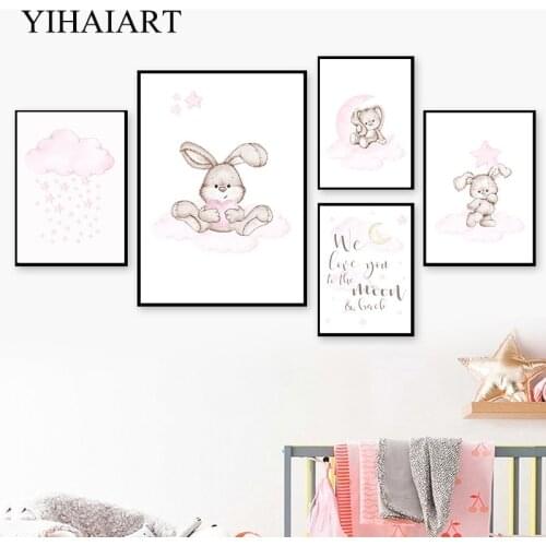 Pink Bunny Cartoon Child Poster Bunny Moon Nursery Quotes Art Canvas Print Wall Painting Nordic Kid Baby Room Decoration Picture