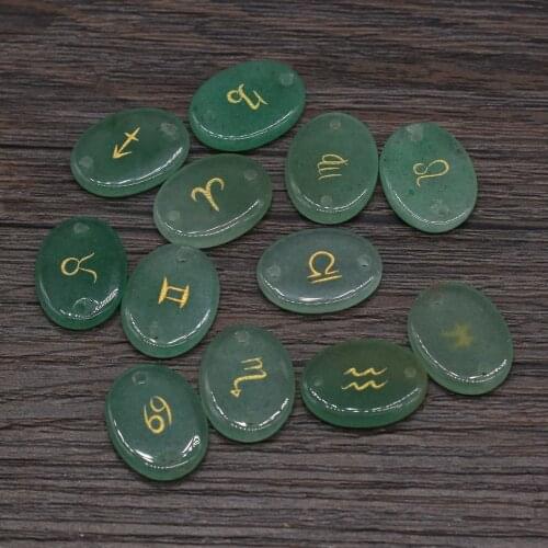 Natural Stone Green Aventurine Engraved Symbols Beads Oval Reiki Heal Divination Rune Constellation Bead Good Quality