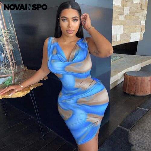 NOVAINSPO Tie Dye Printing V Neck Sleeveless Skinny Mini Dresses Women Fashion Bodycon Summer Casual Workout Outfits One Piece