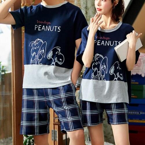 Autumn Couple Pajamas Men And Women Cotton Bear Cartoon Print Home Service Thin Short-sleeve Shorts Female Nightdress