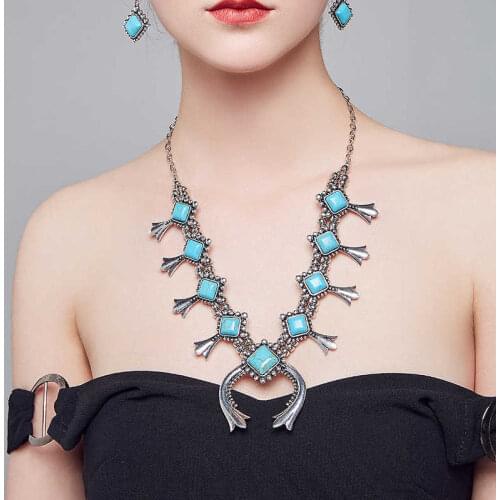 Retro Silver Color Necklace Blossom Squash Earrings Vintage Jewelry Set for Women Gift