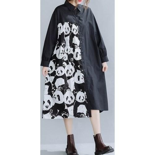 Plus Size One-Piece Casual Loose Printing Splicing Cotton Shirt Dress Women 2020 Autumn New Simple Irregular Dress Midi Dresses