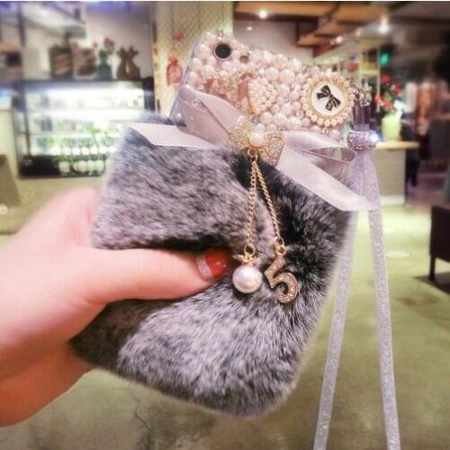 Bling Crystal Fluffy Rabbit Fur Case Winter Soft Crystal Case Bling Fur Shell For Samsung S21 S20 S10 S9 S8 Plus Note20 10 9 8