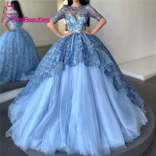 Half Sleeves Blue Quinceanera Dresses Ball Gown Luxury Prom Gowns Vestido Pra Festa De 15 Anos Princesa Barato