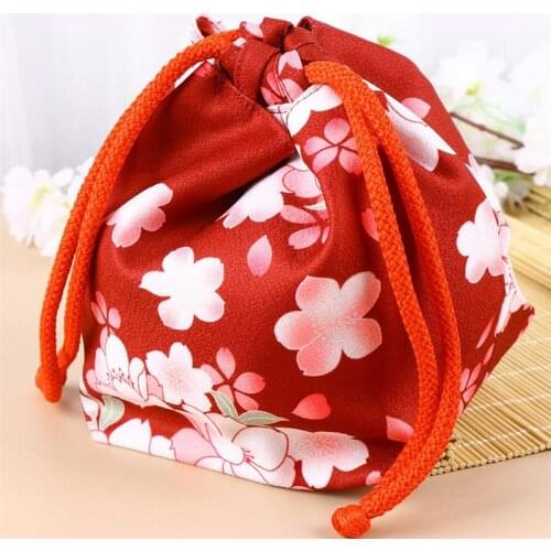 Cherry Blossom Japanese Style Drawstring Bag Camellia Crane Portable Drawstring Pouch Coin Purse Cosmetic Bag