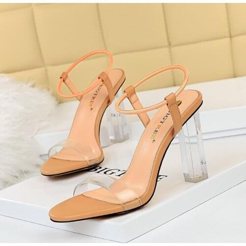 BIGTREE 2021 Women 9.5cm High Heels Sandals Lady Gladiator Gold Sandles Stiletto Stripper Block Clear Heels Summer Plus Size 43