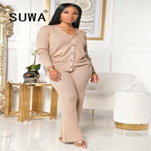 Knit Women Matching Sets Fall Winter Clothing Long Sleeve Top Tunic Wide Leg Pants Casual Home Wear Streetwear