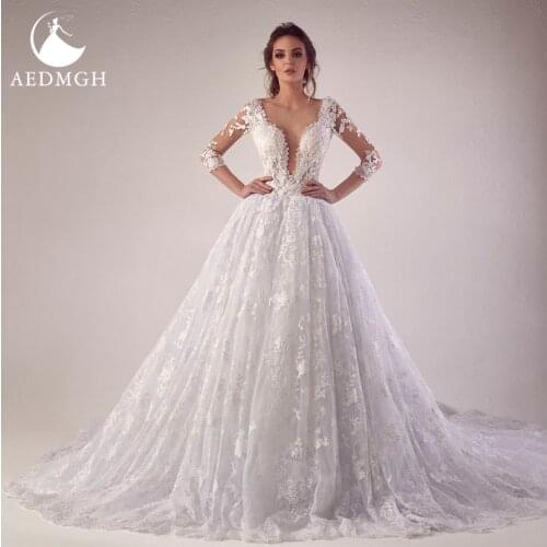 Aedmgh Ball Gown Gorgeous Wedding Dresses 2021 V-Neck Three Quarter Sleeve Bride Dress Lace Appliques Court Train Bridal Gown