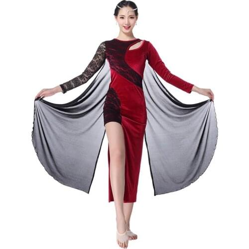 Autumn Winter Dance Wear 2018 Flannelette Dresses with Cape Cloak Long Sleeves Belly Dance Costume Irregular Dress Floral Lace